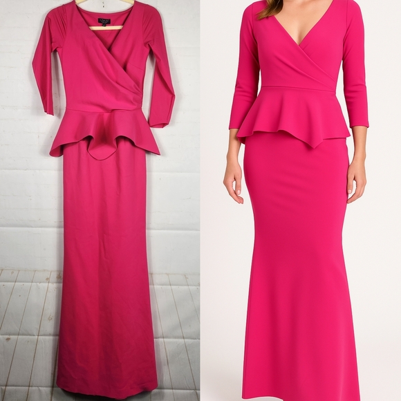 Chiara Boni La Petite Robe Peplum Waist Overlay Mermaid Maxi Dress Pink 42 US 6 - Picture 1 of 14